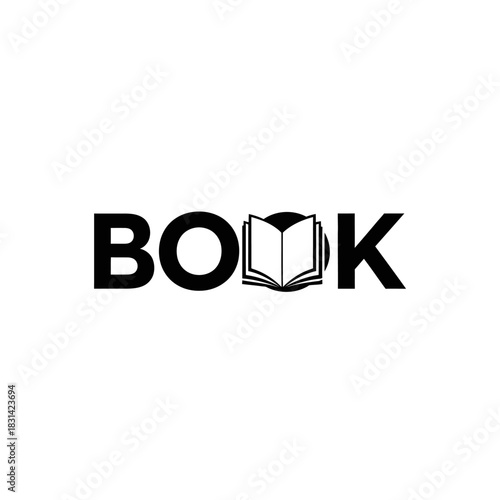 Black and white logo design featuring the word book with an open book icon replacing the letter o