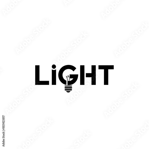 Minimalist black and white logo design featuring the word light with a lightbulb replacing the letter o
