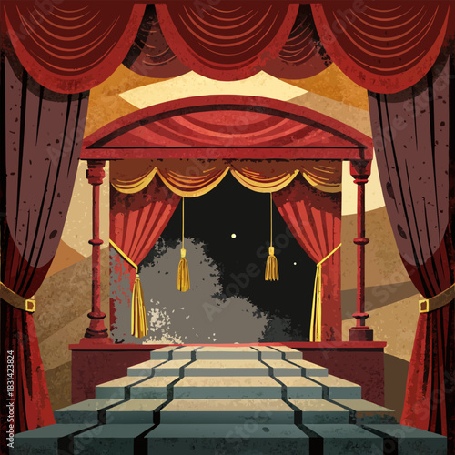 Grand Theatrical Stage with Red Curtains and Stone Steps