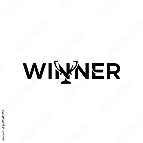 Black typography logo design featuring the word winner with a trophy icon replacing the letter y