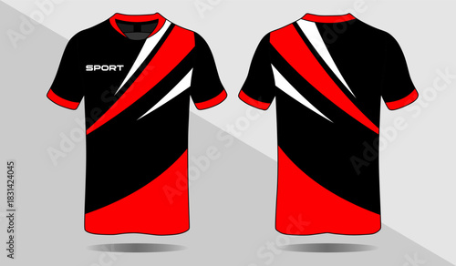 Dynamic Red and Black Sport Shirt Design with Modern Pattern and Logo Placement for Apparel