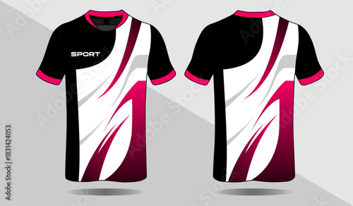Athletic Sport T-Shirt Design with Abstract Patterns in Black, White, and Pink Colors