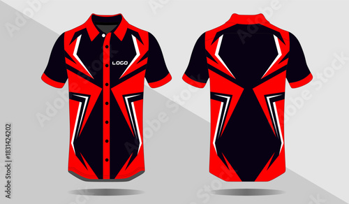 Bold Red and Black Short-Sleeve Shirt with Dynamic Design and Mock Logo Placement