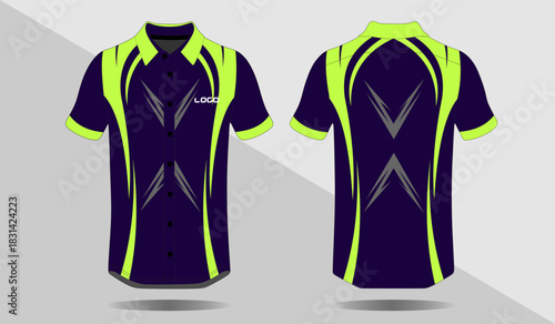 Stylish Short Sleeve Sports Shirt in Dark Purple and Bright Green Color Scheme