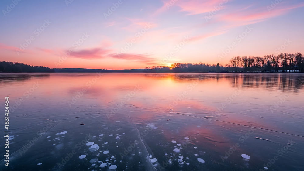 Fototapeta premium Ethereal Sunrise Reflections on a Frozen Lake