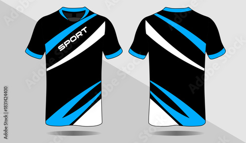 Black and Blue Sport T-Shirt Design Featuring Dynamic Patterns and Modern Aesthetic Appeal