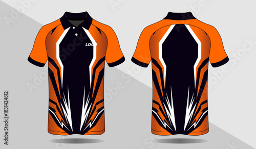 Vibrant Orange and Black Sports Shirt Design with Dynamic Patterns for Active Wear