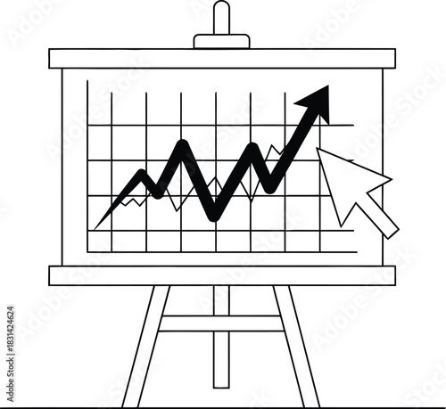 Line graph on an easel showing upward trend with pointing hand