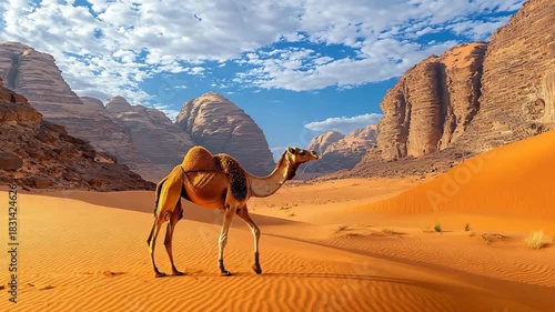 A lone camel stands majestic amidst a vast, sun-drenched desert landscape, with towering sandstone formations rising behind it.