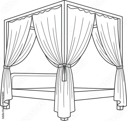 A detailed line drawing of a classic four poster bed with draped curtains