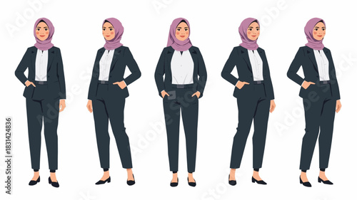 A woman in a dark business suit and purple hijab posing in five different professional stances against a white background.