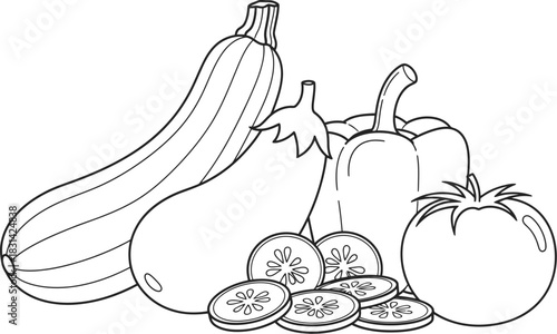 A simple line drawing showcasing various vegetables zucchini pepper tomato and cucumber