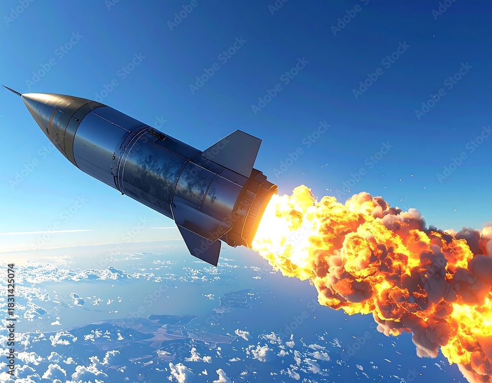 Obraz premium Rocket launches with fire and smoke against a backdrop of the sky