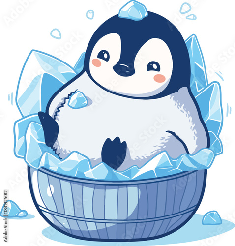 Chilly Penguin's Comfort Zone: A delightful penguin nestled snugly within a cool, icy embrace, radiating cheerfulness, smiles, and the joy of winter.