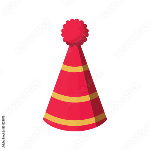 Red Party Hat Illustration with Pom Pom - Birthday Celebration Vector