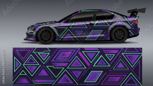 A sporty car with a vibrant, colorful circuit board-inspired graphic wrap design, showcasing the full pattern below.