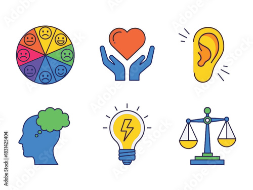 Emotional Intelligence Icons. Emotional Intelligence Training Set flat icon set: emotion wheel, empathy heart, listening ear, reflection bubble, insight spark, balanced scale