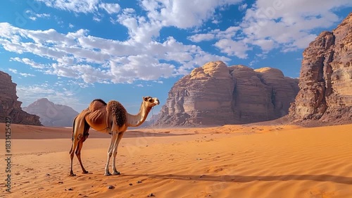 A solitary camel stands amidst a vast desert landscape, framed by dramatic sandstone formations under a vibrant blue sky.