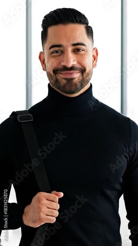 Smiling man in black turtleneck with shoulder bag, against window