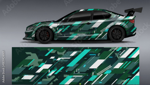 A sporty car with a vibrant, colorful circuit board-inspired graphic wrap design, showcasing the full pattern below.