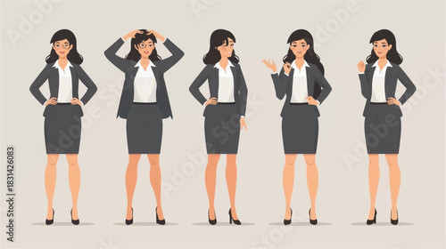 A vector illustration presents a stylish businesswoman in various poses, showcasing confidence, thought, and engagement in a professional setting.