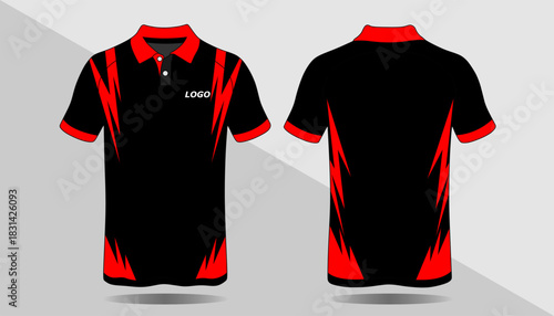 Black and Red Sporty Polo Shirt Design with Customizable Logo Area for Teams and Events