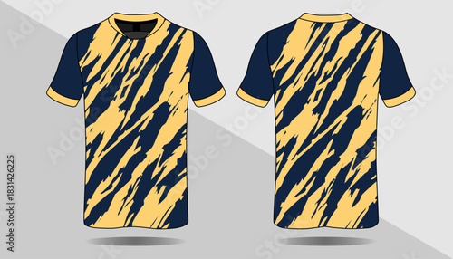 Stylish Short Sleeve T-Shirt with Bold Tiger Stripe Design in Blue and Yellow Color Palette