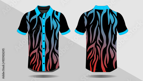 Vibrant Short Sleeve Shirt Design Featuring Flames and Blue Accents on Black Background
