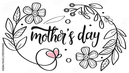 Vector illustration of ‘Happy Mother’s Day’ text in elegant lettering surrounded by soft colorful flowers, leaves, and gentle decorative elements