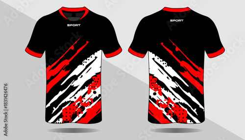 Modern Sport Jersey Design with Bold Graphics in Black, White, and Red Colors