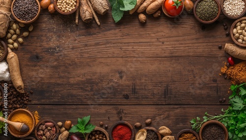Fototapeta Naklejka Na Ścianę i Meble -  Culinary ingredients frame various spices herbs and vegetables on rustic wooden background