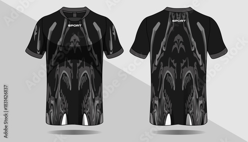 Stylish Black Sports T-shirt Design with Dynamic Patterns and Sporty Aesthetic