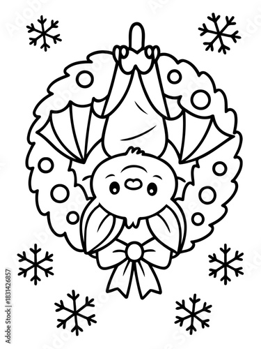 Festive Bat: A charming monochrome illustration of a bat adorning a holiday wreath with snowflakes, perfect for coloring or seasonal designs.