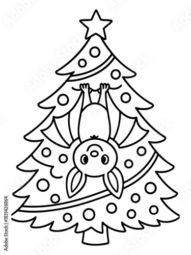 Christmas Tree and Bat: A whimsical monochrome illustration captures the festive spirit of Christmas, featuring a charming bat nestled among the branches of a decorated Christmas tree. 