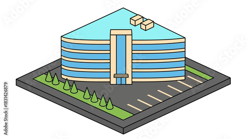 Isometric view of a modern triangular building with parking lot
