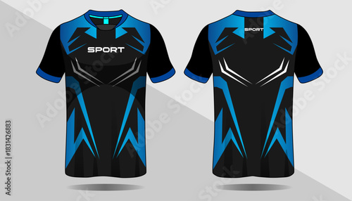 Futuristic Sport T-Shirt Design with Blue Patterns and Black Base for Active Lifestyle