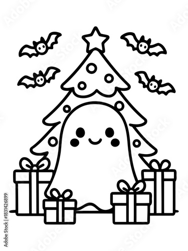 Festive Halloween Cheer: An adorable, cartoonish ghost, surrounded by the joy of Halloween and Christmas, embodies a sense of whimsical merriment.