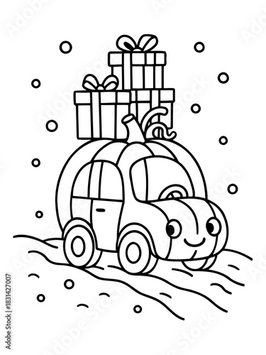 Pumpkin Car Delivering Gifts: A charming cartoon pumpkin car, loaded with wrapped gift boxes, journeys through a snowy landscape. Evokes a sense of holiday cheer.