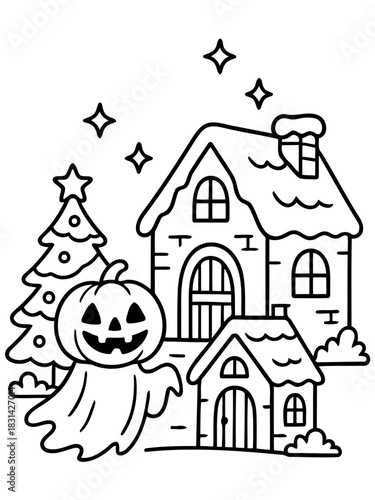 Halloween Town Illustration: A spooky illustration of Halloween town features a ghostly figure, jack-o'-lantern, decorated houses and a christmas tree under a starry sky.