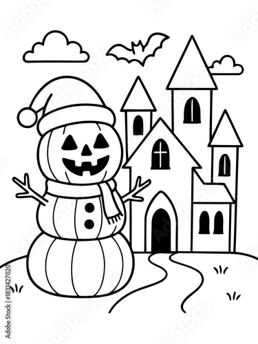 Whimsical Halloween Scene: An illustration of a cheerful snowman-pumpkin hybrid adorned with a Santa hat and scarf, standing before a spooky castle under a cloudy sky.