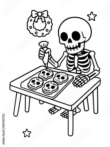 Skeleton Baking Treats: A whimsical illustration of a skeleton artfully decorating skull-shaped cookies with meticulous detail, a unique festive scene.