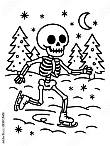 Ice Skating Skeleton: A whimsical illustration of a skeleton joyfully ice skating on a snowy night, embracing the beauty of winter in a unique and playful manner.