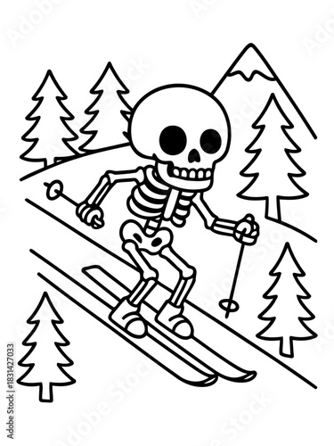 Skeleton Skiing Downhill: A monochrome illustration showcases a cheerful skeleton confidently skiing down a snowy mountain slope, capturing the spirit of winter fun.