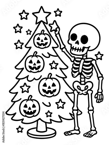 Spooky Decor: A playful illustration shows a skeleton placing a star on top of a festive Christmas tree decorated with jack-o'-lanterns, surrounded by twinkling stars.