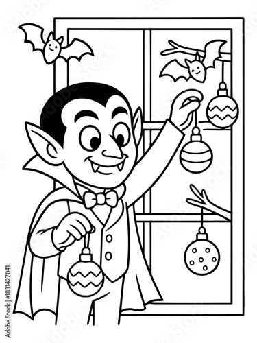 Dracula's festive decoration: An illustration depicts a charming Dracula character decorating a window with festive ornaments and bats. A whimsical blend of Halloween and holiday cheer.