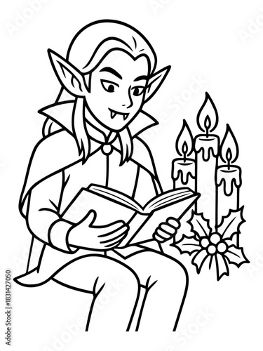 A Scholarly Vampire's Nocturnal Study: A captivating monochrome illustration of a distinguished vampire immersed in the pages of a captivating book under the soft glow of candlelight.