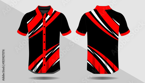 Stylish Black and Red Patterned Short Sleeve Shirt with Modern Graphic Design Elements