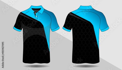 Stylish Blue and Black Sports Polo Shirt Design with Modern Geometric Patterns and Details