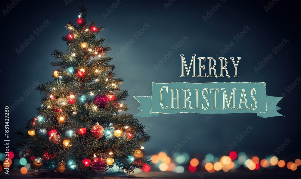 Naklejka premium Festive Christmas Tree with Lights and Decorations