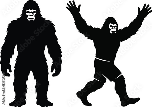 Bigfoot Silhouettes standing and celebrating vector graphics